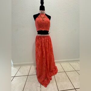 NWT Sherri Hill Sz 2 Coral 2 PC Crop Top Gown 51020